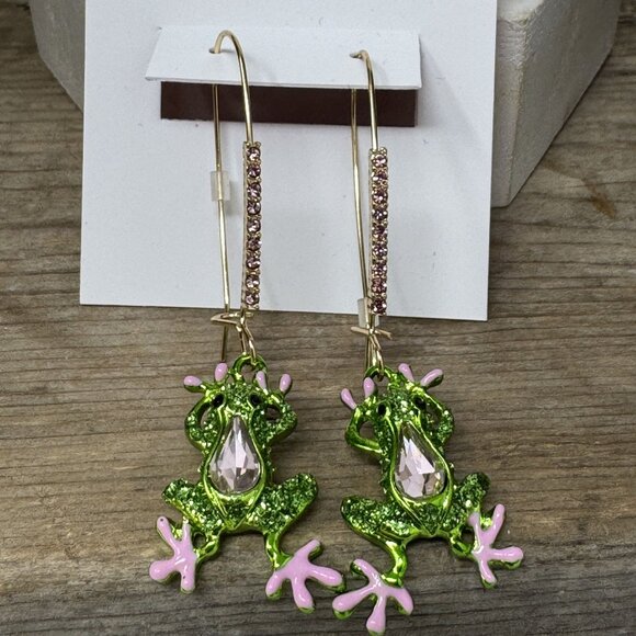 Betsey Johnson Frog Dangle Earrings With Rhinestone Accents & Pink Enamel Detail - Picture 5 of 5